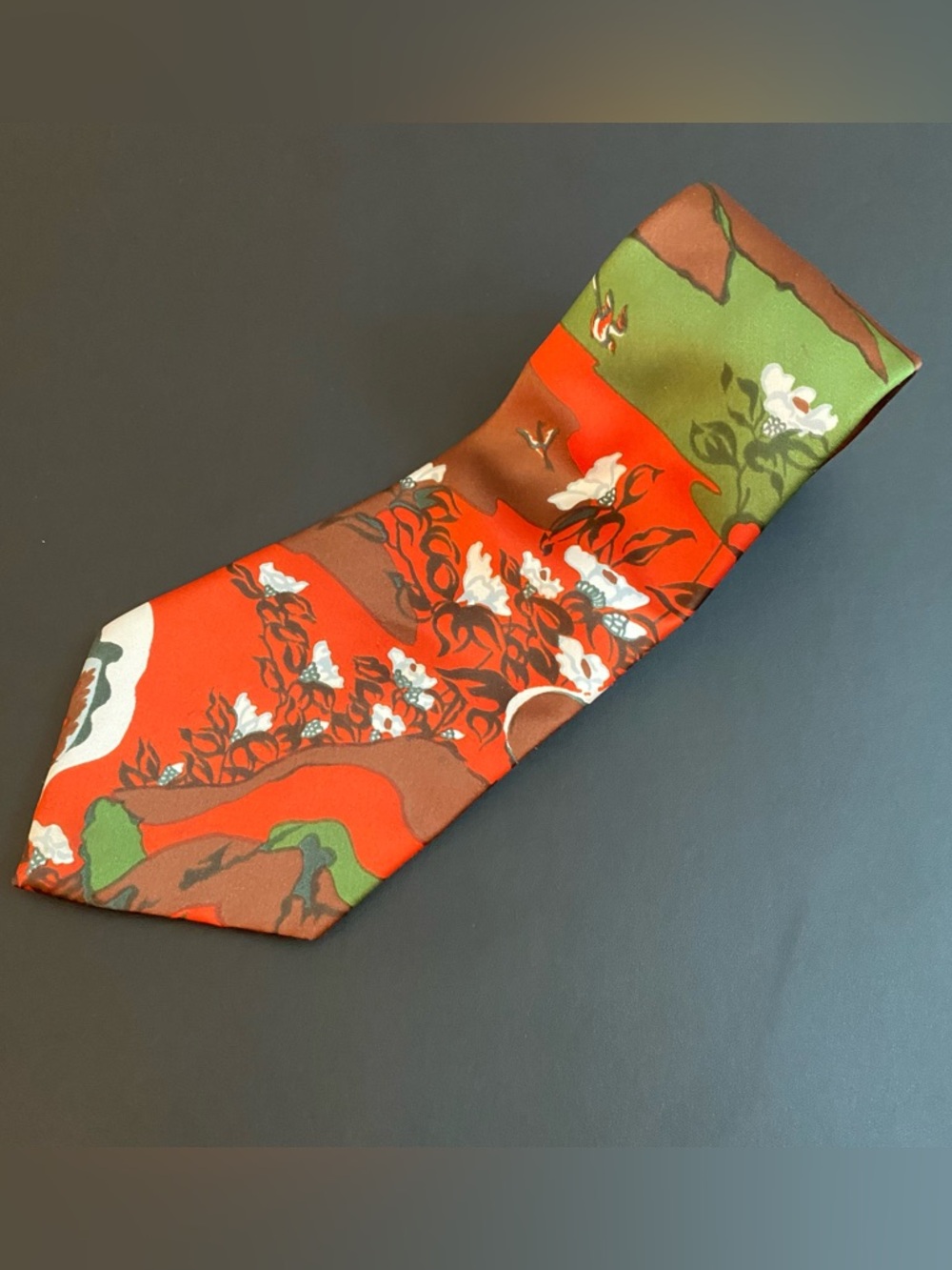 Men's Floral Red-Orange Green & Brown Floral Tie